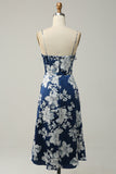 Ink Blue Floral Tea-Length Bridesmaid Dress