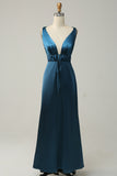 Ink Blue Satin Long Bridesmaid Dress