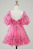 Hot Pink Printed Cute Homecoming Dress with Bow