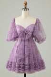 Purple A-Line Puff Sleeves Tulle Short Homecoming Dress