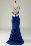 Mermaid Spaghetti Straps Royal Blue Plus Size Prom Dress with Criss Cross Back