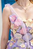 Purple A Line Tea Length Prom Dress with 3D Flowers