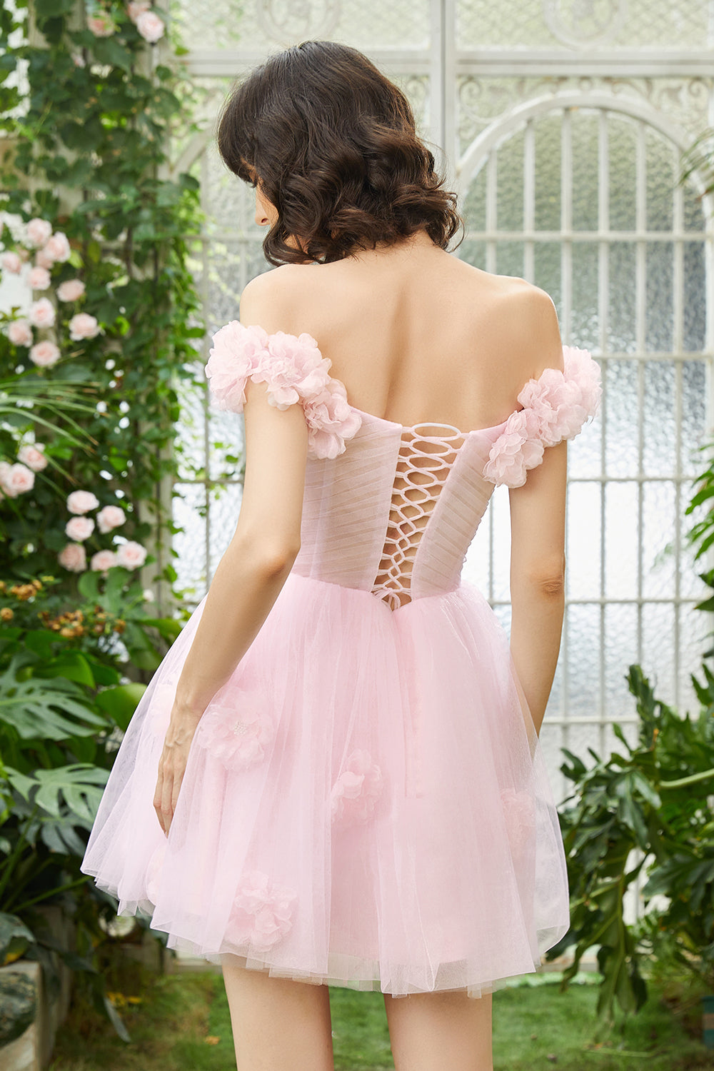 Pink Off the Shoulder Corset Homecoming Dress With Flowers