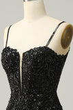 Sheath Spaghetti Straps Black Sequins Short Homecoming Dress with Criss Cross Back