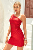 Bodycon One Shoulder Red Short Homecoming Dress with Beading