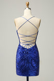 Sheath Spaghetti Straps Royal Blue Sequins Short Homecoming Dress