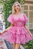 Hot Pink Off the Shoulder Tulle Homecoming Dress
