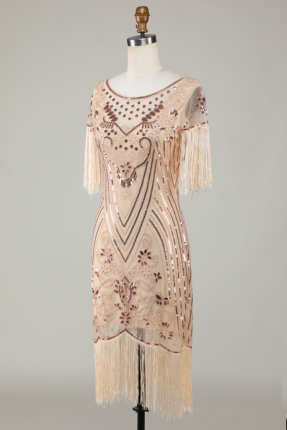 Boat Neck Sequins Champagne Roaring 20s Gatsby Fringed Flapper Dress