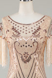 Boat Neck Sequins Champagne Roaring 20s Gatsby Fringed Flapper Dress