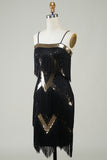 Black Spaghetti Straps Sequins 1920s Dress with Fringes