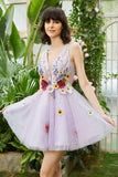 Purple Deep V Neck Open Back Homecoming Dress With 3D Flowers