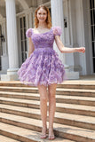 A Line Purple Printed Homecoming Dress with Ruffles