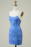 Spaghetti Straps Blue Tight Glitter Homecoming Dress with Beaded