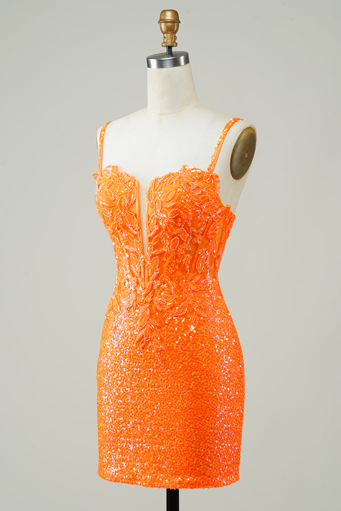 Elegant Orange Strapless Sequin Homecoming Dress Tight Fit Mini Length