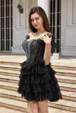 Sparkly Black Beaded Corset A-Line Short Homecoming Dress with Feathers
