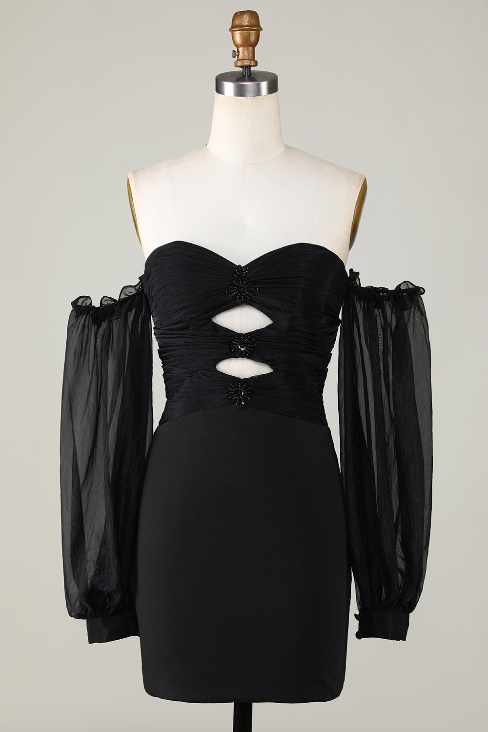 Off The Shoulder Keyhole Black Homecoming Dress with Beading
