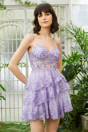 Sparkly A-Line Sequins Tiered Purple Short Corset Homecoming Dress