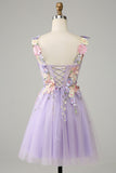 Purple Spaghetti Straps Tulle Homecoming Dress With 3D Flowers