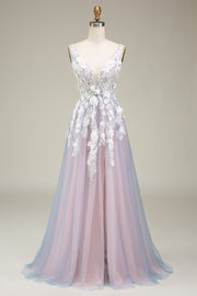 Gorgeous A Line Deep V Neck Grey Pink Long Prom Dress with Appliques
