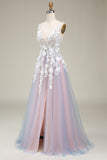 Gorgeous A Line Deep V Neck Grey Pink Long Prom Dress with Appliques