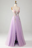 Glitter A-Line Spaghetti Straps Lilac Long Prom Dress with Flowers