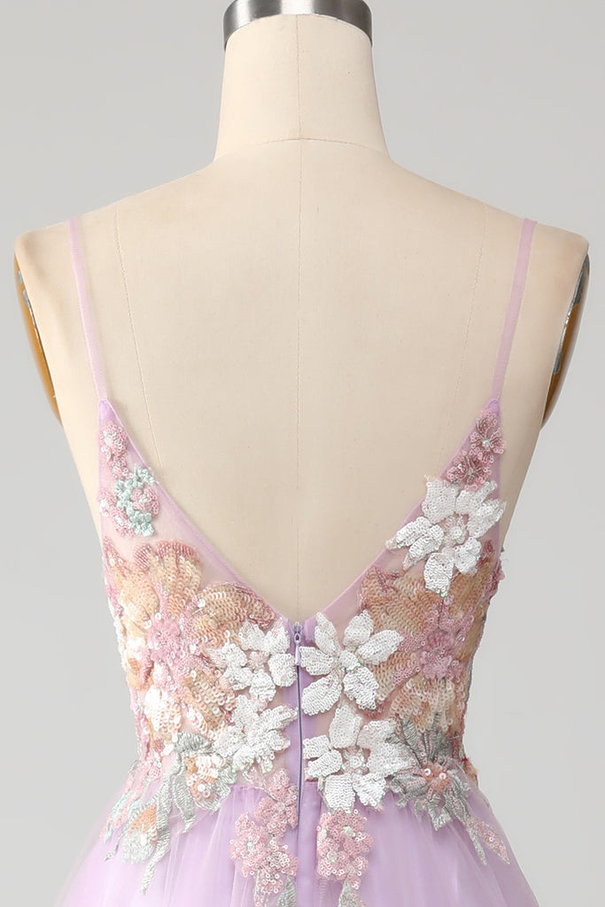 Lilac A-Line Spaghetti Straps Tulle Long Prom Dress LF075
