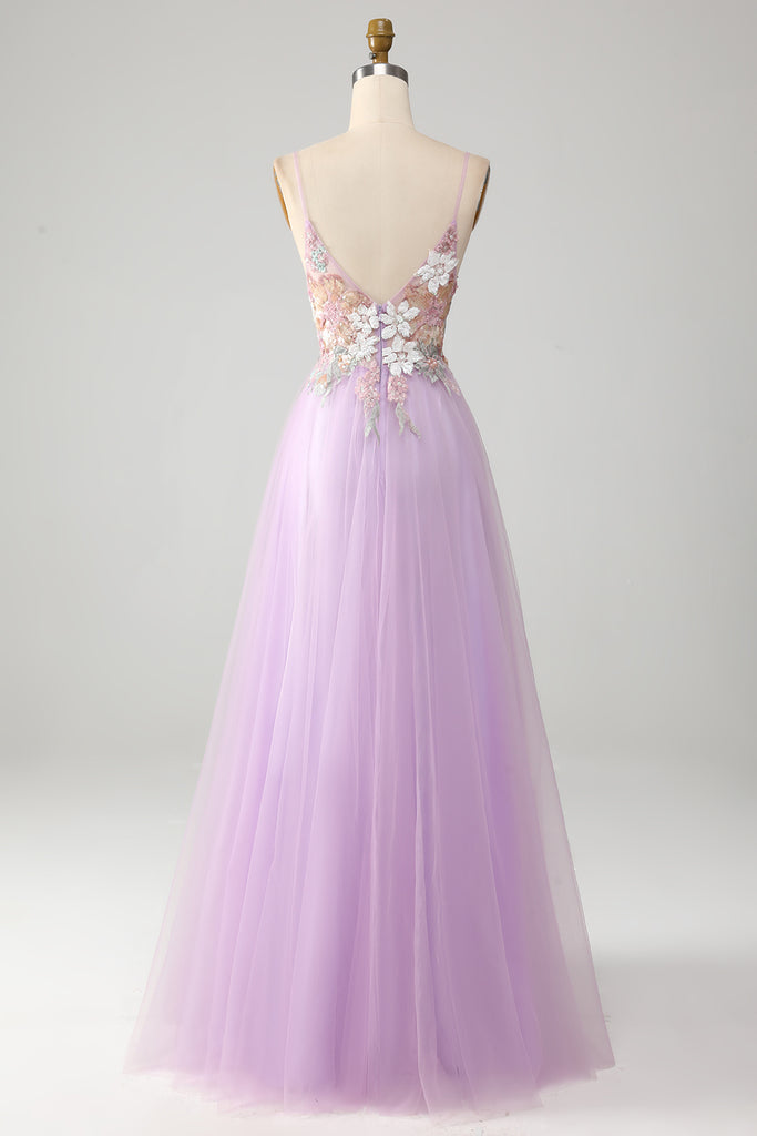 Sexy A Line StrapsNeckline Flower Lace Lilac Long Prom Dresses C960 main image 1