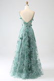 Glitter Grey Green Spaghetti Straps Lace Flower Long Corset Prom Dress