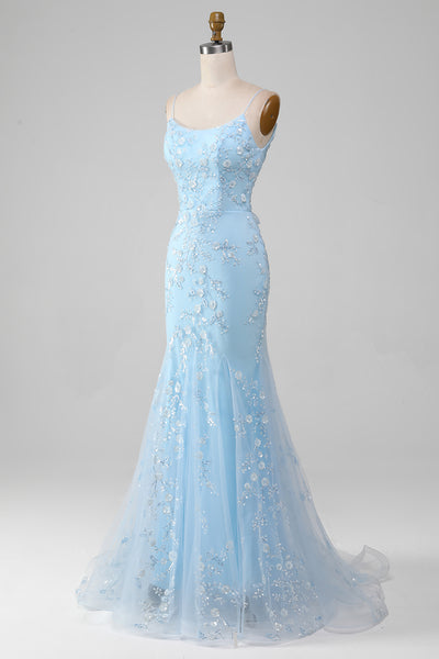 Zapaka Women Sparkly Light Blue Beaded Mermaid Long Prom Dress ...