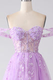 Light Purple A-Line Off The Shoulder Beaded Corset Prom Dress