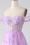 Light Purple A-Line Off The Shoulder Beaded Corset Prom Dress