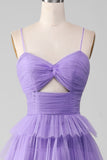 Purple Tulle A-Line Tiered Long Prom Dress with Slit