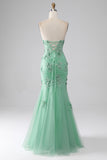 Green Mermaid Strapless Tulle Long Prom Dress with Appliques