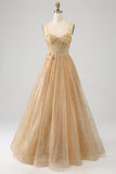 Glitter Golden Corset Long Prom Dress with Flowers