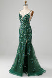 Mermaid Lace-Up Back Dark Green Prom Dress with Appliques