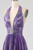 Glitter Purple Pleated Metallic Long Prom Dress with Slit