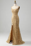 Golden Mermaid Spaghetti Straps Sequined Prom Dress With Slit