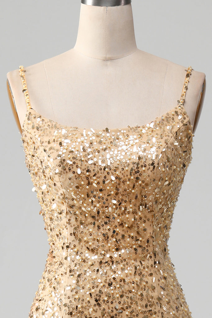 ZAPAKA Women Prom Dress Golden Mermaid Spaghetti Straps Sequin Evening