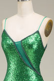 Sparkly Mermaid Spaghetti Straps Green Sequins Long Prom Dress with Split Front
