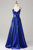 Royal Blue A-Line Spaghetti Straps Prom Dress with Slit