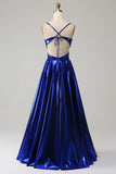 Royal Blue A-Line Spaghetti Straps Prom Dress with Slit