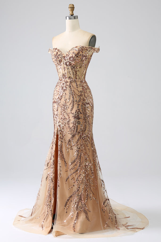 Champagne Mermaid Off the Shoulder Corset Long Prom Dress with Slit