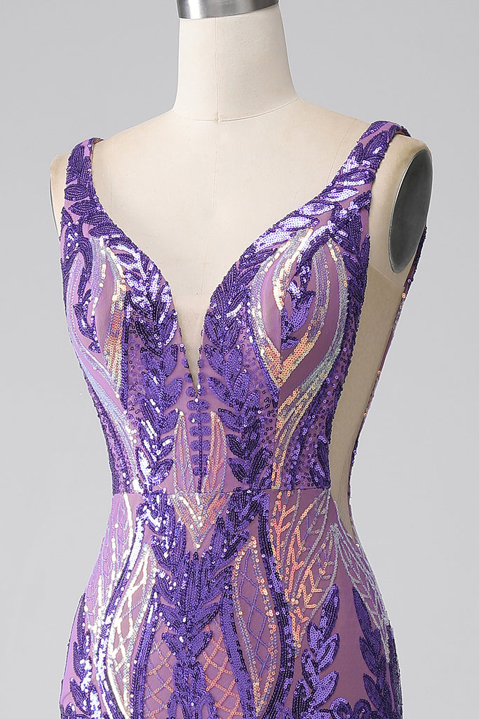 Mermaid V Neck Open Back Purple Long Prom Dresses with Lace Appliques, Mermaid Purple Lace Formal Evening Dresses EP1495 main image 1