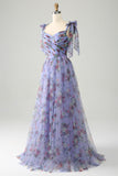 Lavender Floral Print Tulle Prom Dress with Pleated