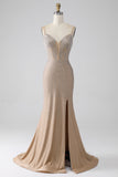 Sparkly Champagne Mermaid Spaghetti Straps Long Prom Dress with Slit