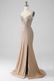 Sparkly Champagne Mermaid Spaghetti Straps Long Prom Dress with Slit