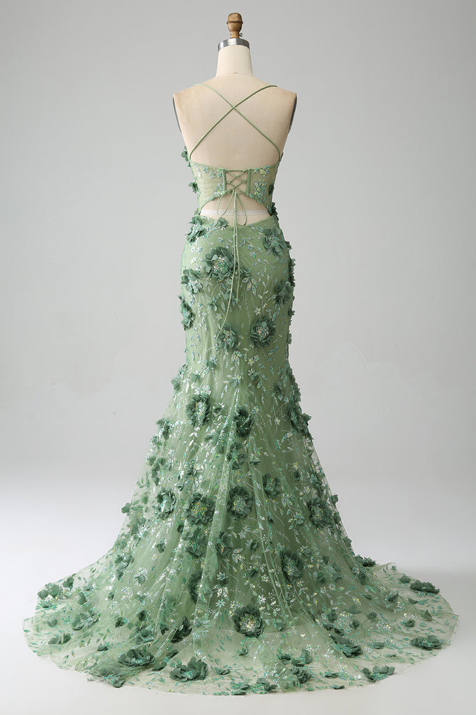 ZAPAKA Women Green Corset Prom Dress with Appliques Mermaid Lace-Up ...