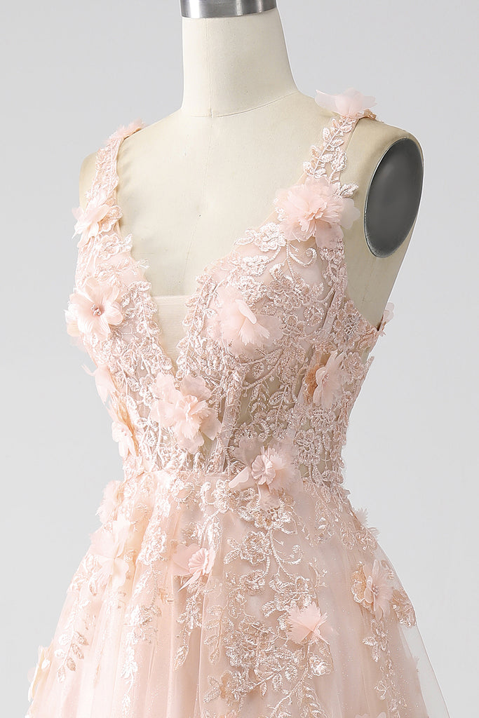 A-line Spaghetti Straps V-neck Appliques Lace-up Back Prom Dresses, PD1009