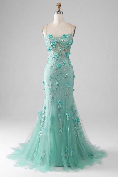 Zapaka Women Green Mermaid Spaghetti Straps Long Prom Dress with ...
