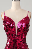 Sparkly Mermaid Spaghetti Straps Fuchsia Sequins Long Prom Dress with Slit